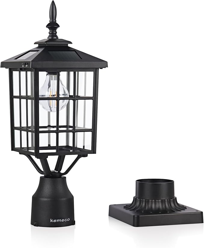 Outdoor Solar Post Lights with Pier Mount Base, ST4224Q 2 Pack Black Cast Aluminum Squared Waterproof Exterior Post Lamp Warm White LED for Yard Garden Pillar Pole Pathway