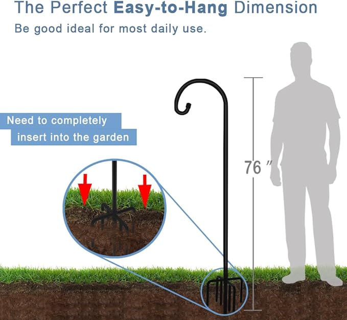 Artigarden 76 inch Outdoor Shepherd Hook with 7 Prong Base (2 Packs), Adjustable Heavy Duty Garden Hanging Stake for Bird Feeder Solar Light Plant Hanger Wedding Decor, Matte Black