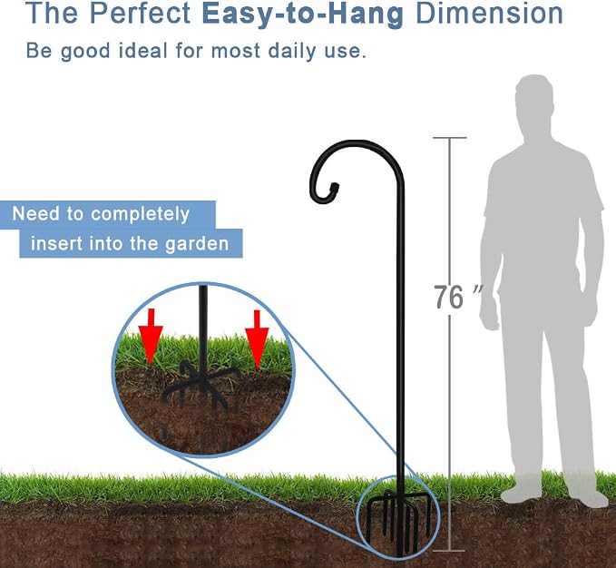 Artigarden 76 inch Outdoor Shepherd Hook with 7 Prong Base (1 Pack), Adjustable Heavy Duty Garden Hanging Stake for Bird Feeder Solar Light Plant Hanger Wedding Decor, Matte Black