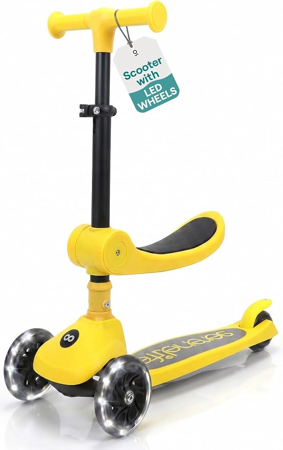 SereneLife 3 Wheel Scooter for Toddlers & Kids, Foldable Seat, LED Wheels, Adjustable Handlebar, Anti-Slip Deck, Rear Foot Brake, Lean-to-Steer, Kid Scooter, Supports up to 110 lbs (Yellow)