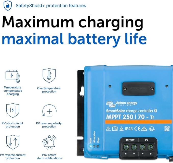 Victron Energy SmartSolar MPPT Tr Solar Charge Controller (Bluetooth) - Charge Controllers for Solar Panels - 250V, 70 amp, 12/24/36/48-Volt