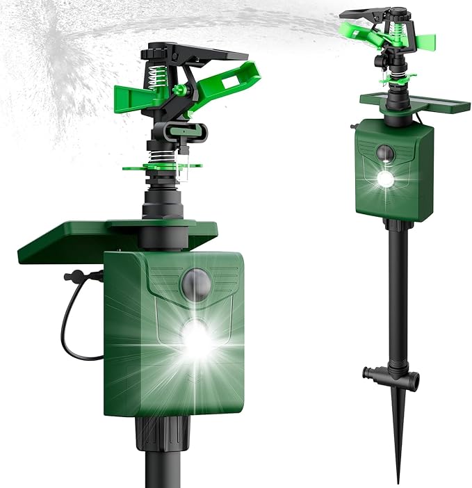 Motion Activated Sprinkler, Solar Animal Repellent Outdoor - 2 Packs Deer Cat Deterrent with Motion Sensor & Flashing Lights, IP65 Waterproof for Yard Garden Lawn Protection (Basic Version)
