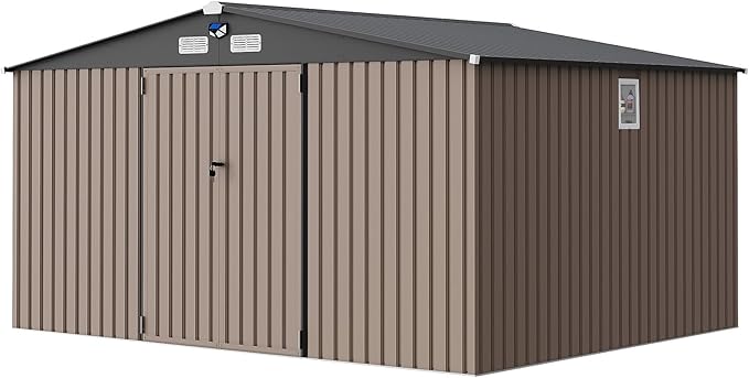10x12FT Metal Storage Shed with Sloped Roof, Lockable Doors, Solar Light, Windows, and Vents, Outdoor Storage Sheds for Garden, Backyard, Patio Tools and Equipment