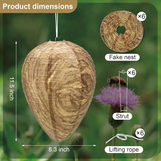 6 Pack Effective Waterproof Wasp Nest Outdoor, Hanging Fake Hornets Nest,Backyard Fake Bee Hive,8.3 inches Diameter 11.5 inches Height,Yellow Jackets
