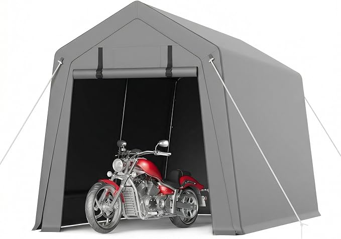 GarveeHome 7 x 12 Ft Carport Storage Shed, Portable Garage with Roll-Up Zipper Door, Heavy Duty Waterproof Tarp, Storage for Motorcycle, Bike, Firewood, Garden Tools, Grey