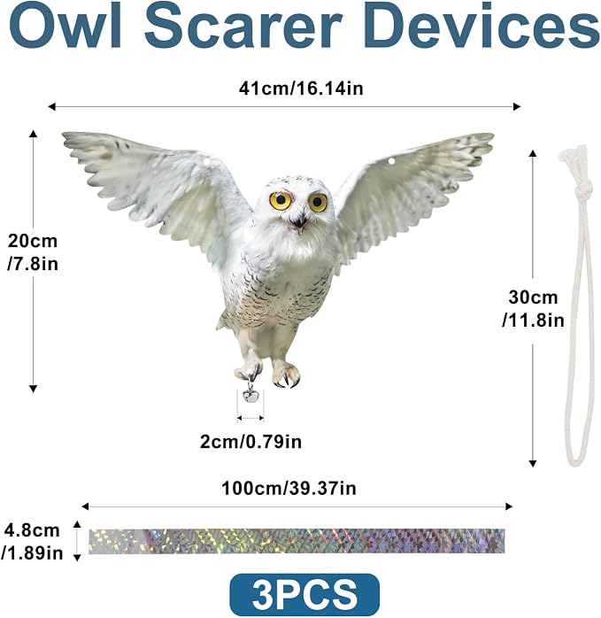 3PCS Reflective Hanging Fake Owl Decoration, Garden Owl Control Device to Keep Pigeons Away from House Windows Outdoor Garden Yard