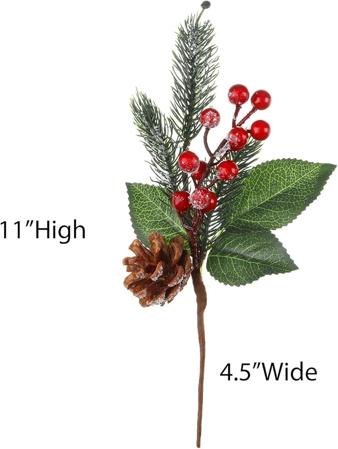 Boao 12 Pcs 11'' Large Christmas Pine Picks Tree Decoration Red Berry Picks and Sprays with Cone Artificial Fake Branches Snowy Floral Flower Holly Pine for Tree Crafts Decor Faux Stem