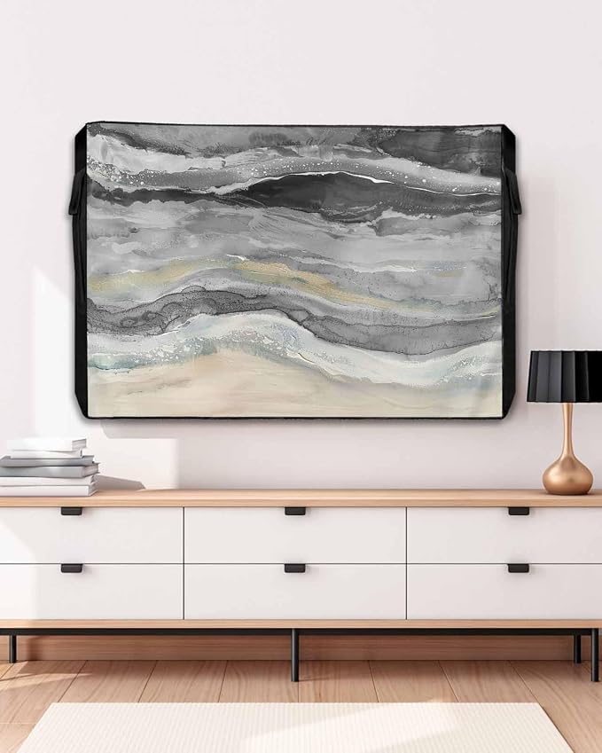 Outdoor TV Cover 70-75 Inch Weatherproof, Grey Coastal Outdoor TV Enclosure with Zipper & Roll Up Front Flap, Summer Beach Nautical Abstract Art Waterproof TV Covers for Outside Flat Screen TV