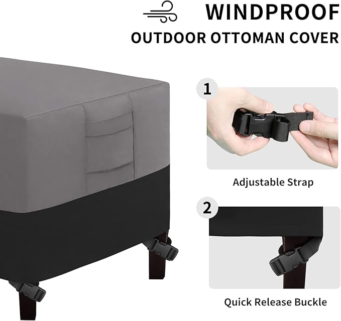 Easy-Going Outdoor Ottoman Cover, Waterproof Patio Ottoman Cover, Heavy Duty Outdoor Furniture Cover with Padded Handles (33"x33"x17", Gray/Black)