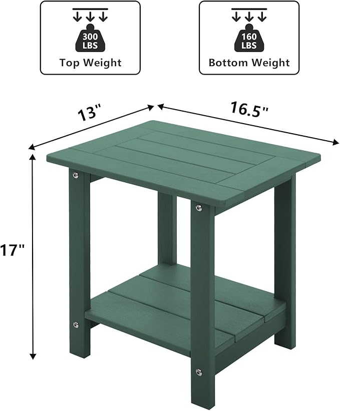 Meluvici Double Adirondack Side Table Weather Resistant, Outdoor Rectangular End Table for Adirondack Chair, Dark Green