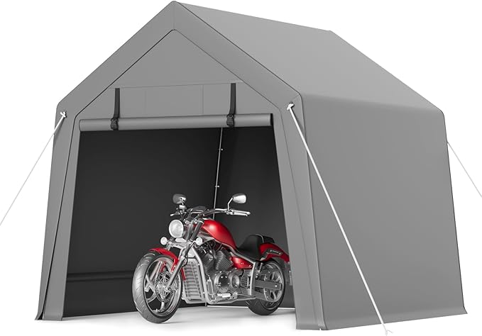 6x6 ft Carport Storage Shed, Portable Garage with Roll-Up Zipper Door, Heavy Duty Waterproof Tarp, Easy to Set Up, Storage for Motorcycle Bike Firewood Garden Tools