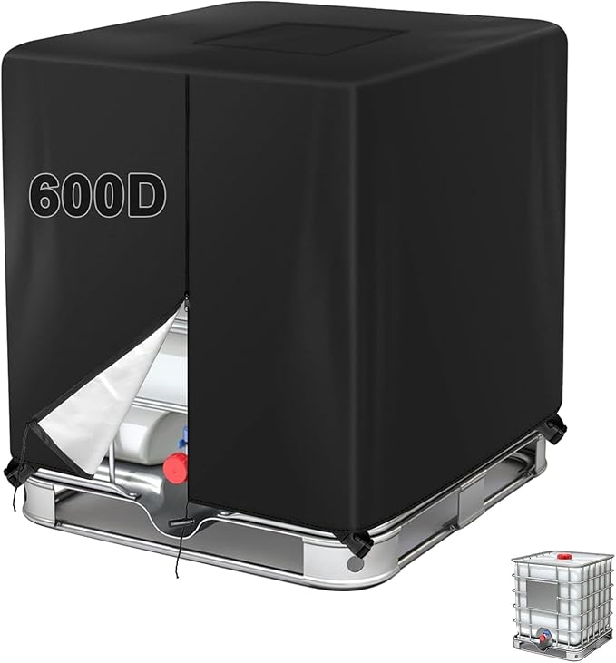 275 Gallon 600D IBC Tote Cover, 1000L, Zipper, Outdoor Water Tank Protective Cover, Black