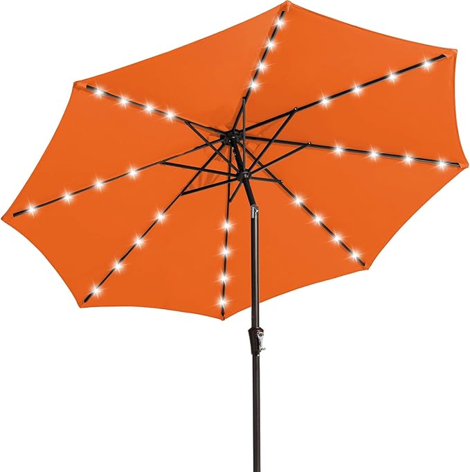 JEAREY 9FT Outdoor Patio Umbrella with Solar Lights, LED Lighted Pool Umbrella with Tilt and Crank, Outdoor Table Umbrellas for Deck, Yard & Market (Orange)