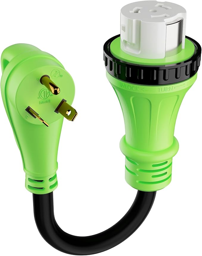 RV Adapter Plug 30 Amp to 50 Amp Cord with Locking Connector, NEMA TT-30P Male to SS2-50R Female, STW, 10AWG, Heavy Duty Electrical Power Cord, 125 Volts 3750 Watts, 1FT, Green