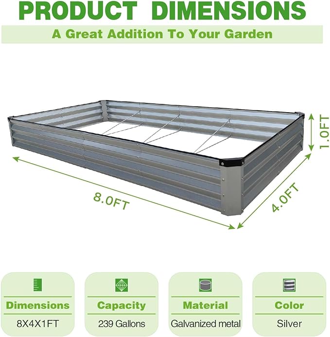 GrowHaus 8x4x1FT Galvanized Raised Garden Bed, Planter Boxes Outdoor Large Metal Garden Beds for Planting Vegetables Flowers Herbs Rectangle Silver
