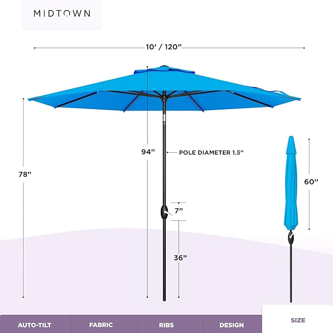 Midtown Umbrellas - 10-Year-No-Fade 10FT Patio Umbrella with Terylast Fabric, Auto-Tilt Aluminum Frame and 8 Reinforced Ribs for Deck, Pool, Garden & Beach - Cobalt Blue Canopy, Black Pole
