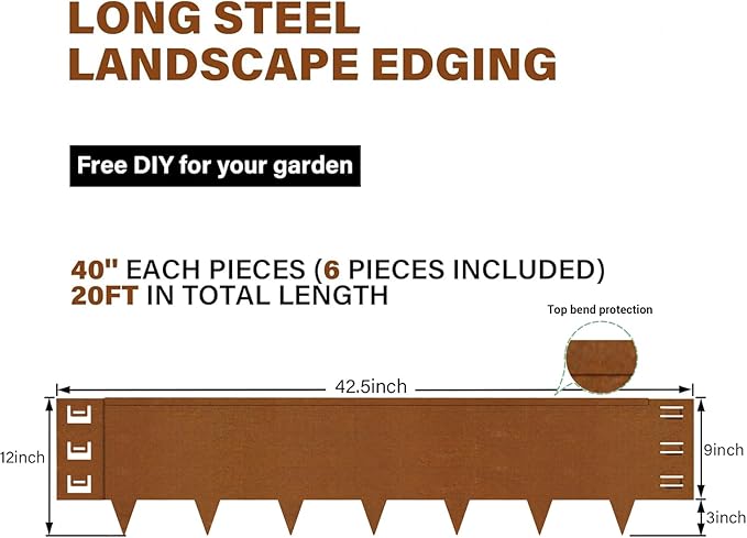 Cor-Ten Steel Landscape Edging 12 Inch,20Ft 6-Pack Rust-Resistant Metal Landscape Edging,Steel Edging for Landscaping,Yard,Garden,Lawn