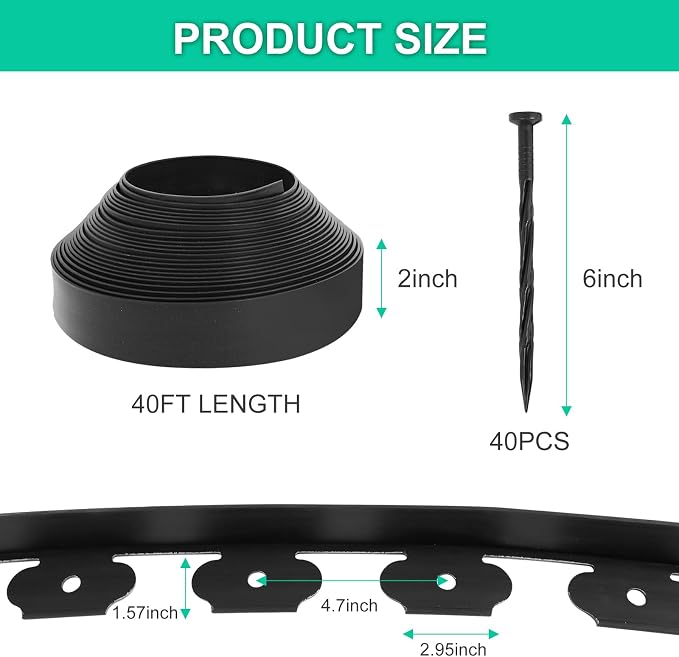 2 Inch x 40FT Garden Edging Kit with 40 Spikes for Landscaping, Plastic Lawn Edging Border for Flower Beds, Tree Rings, Pathways, Black