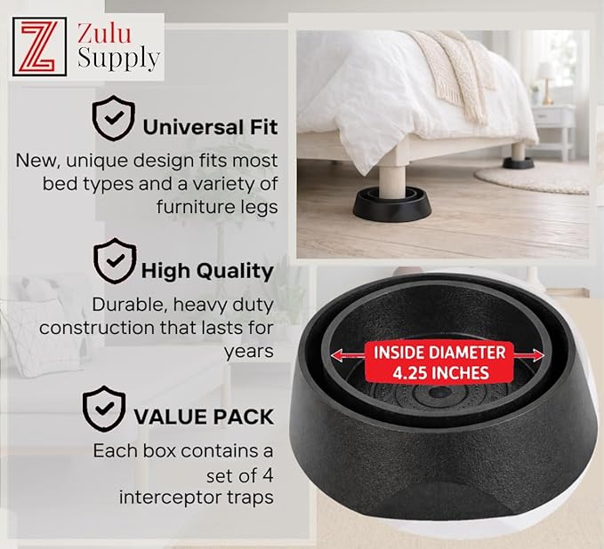 Bed Bug Interceptor Traps – Black 4-Pack Passive Monitor & Detection Trap – Universal Fit for Bed & Furniture Legs – Reusable Non-Climbable Wall Pest Control Protection (Black 4-Pack)