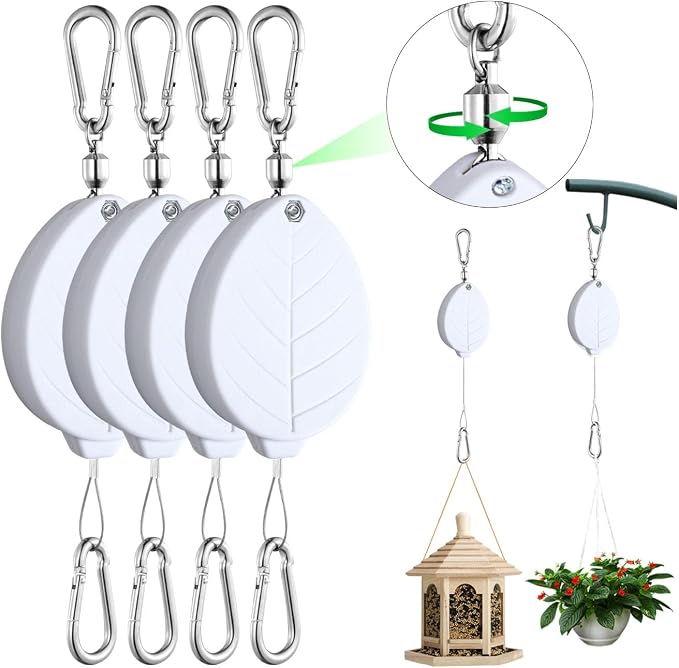 Heavy Duty Retractable Plant Hangers, Adjustable Pull-Down Pulleys with 63" Stainless Steel Rope, Double Hooks for Hanging Plants, Bird Feeders, Planters & Pots, Indoor & Outdoor Use (4Pcs- White)