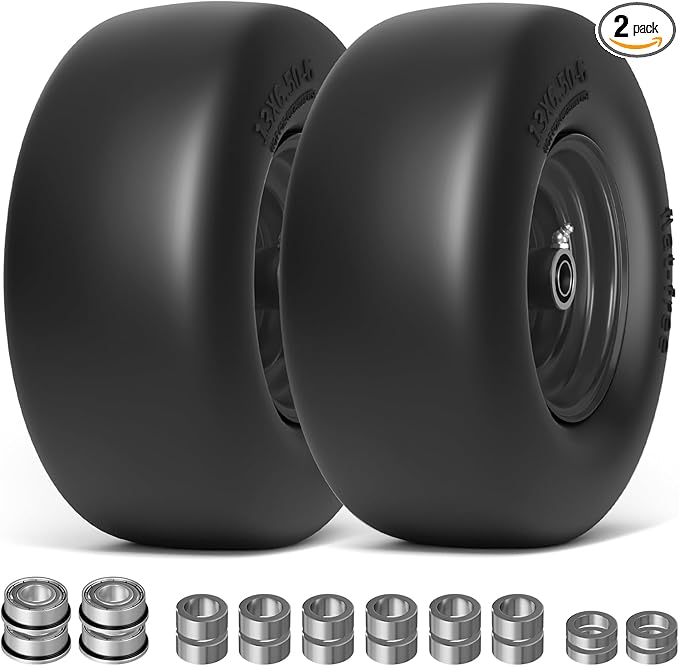 RONPOW 13x6.50-6 Lawn Mower Flat Free Tires and Wheels, 13x6.5-6 Heavy Duty Solid Front Tire for Zero Turn Mowers, 500Lbs Load, Universal 3/4", 5/8" and 1/2" Bearings, 5.51"-7.91" Hub, 2Pack Black