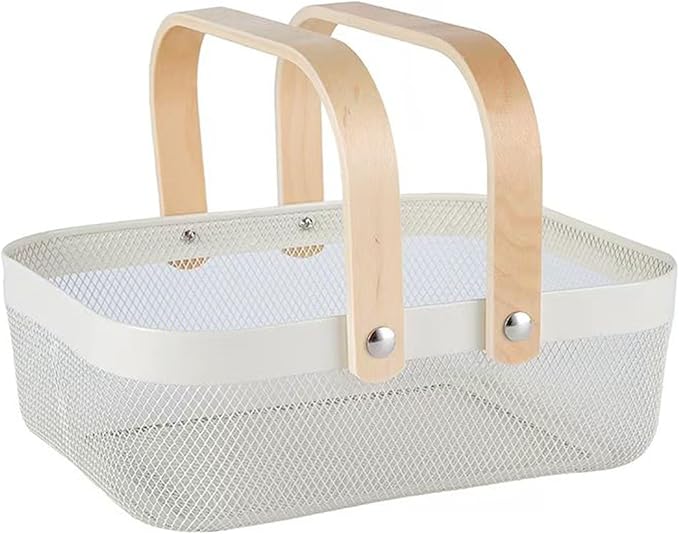 AJIODA Metal Mesh Steel Basket, Storage Organizer Basket Garden Harvest Basket Multi-functional Kitchen Fruit Baskets Bin with Wooden Handle for Bathroom Picnic Shopping Decor Cabinet Home, White