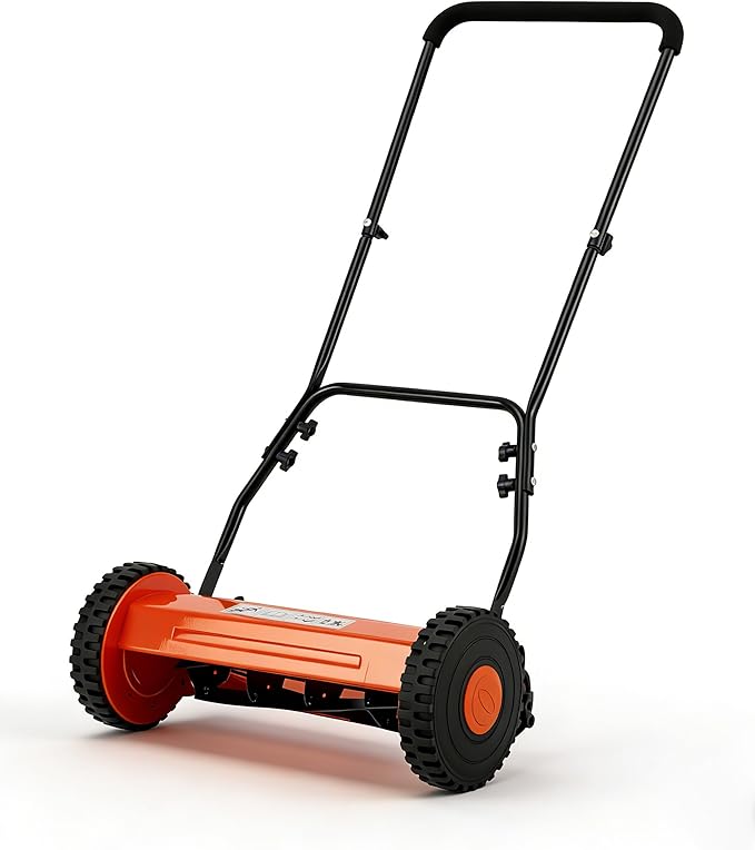 Push Reel Lawn Mower, 16 Inch 5-Blade Manual Reel Lawn Mower, Walk-Behind Lawn Mower with Adjustable Cutting Height, Orange