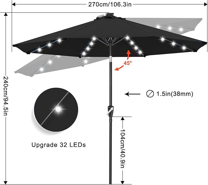 ABCCANOPY Durable Solar Led Patio Umbrellas with 32LED Lights 9FT (Black)