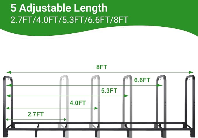 Firewood Rack Outdoor 8 FT - Adjustable Length (2.6-8ft), Holds 1/2 Face Cord Firewood, Heavy Duty Log Holder with 14 Support Legs for Backyard Fire Pit & Indoor Fireplace,Black