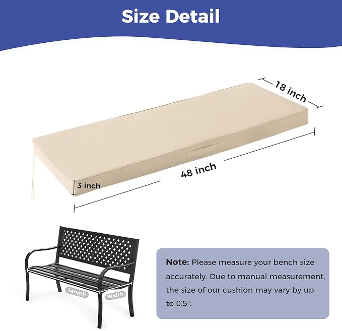 IPYNBAP Outdoor Bench Cushions for Outdoor Furniture, 48x18x3 Inch, Waterproof Bench Pillow, Fade Resistant Long Bench Seat Pads for Garden, Indoor, Porch Swing, Beige