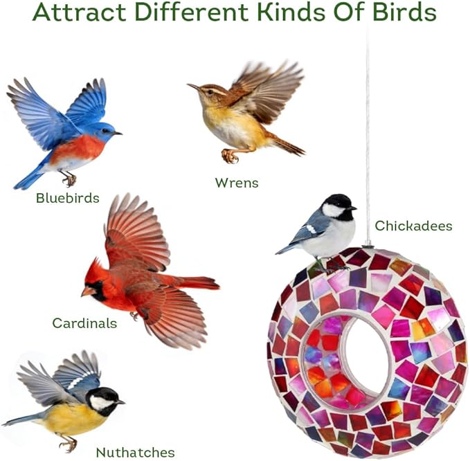 Lily's Home 6 Inches Glass Mosaic Hanging Bird Feeder for Outdoors Fly-Through Large Bird Feeder for Outdoor Garden Decor Backyard, Excellent Gift for Animals Lovers, Purple, Pink and Red