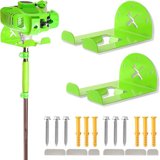 Upgraded Trimmer Rack Wall Mount - 8" Heavy Duty Weed Eater Hanger for Garage Wall, Garden Power Tool Holder Organizer Hooks for Grass Trimmer, Hedge Trimmer, Leaf Blower and Chainsaw, Green, 2 Pack