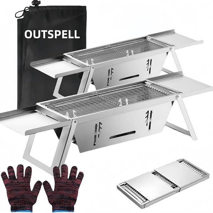 Small Protable Charcoal Grill Outdoor: BBQ MINI Foldable Carbon Griller for camping (2 pack)