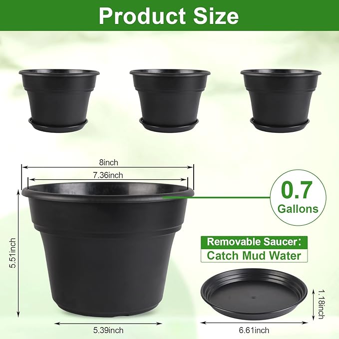 Myfeegoin 8-inch-Plant-Pots-Indoor-Outdoor, 4 Pack Plastic Planters with Drainage Holes & Saucers, Resin Flower Pots with Trays, Classic Garden Pot Container for House