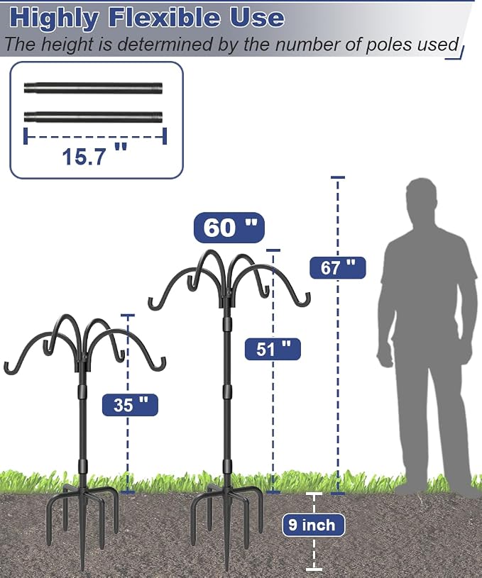 Upgrade 4-Hook Shepherd Hooks for Outdoor with Plastic Tube, 60" Heavy Duty Bird Feeder Pole with 5 Prongs Base, Adjustable Garden Hook for Solar Light, Hanging Plant, Wedding Decor, 1 Pack