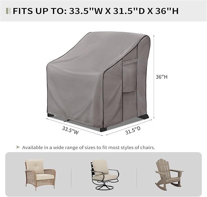 KylinLucky Waterproof Patio Chair Covers 2-Pack 33.5"x31.5"x36" 600D, Heavy Duty Outdoor Dining Chair Covers with Leg Clips & Air Vents, Grey