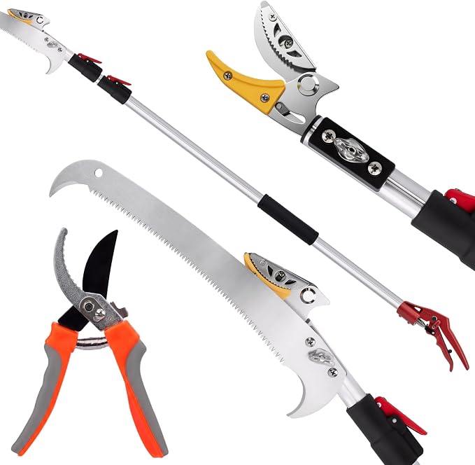 3-in-1 Pole Saws for Tree Trimming, SK5 Blade Extendable Pole Pruner, Telescoping Long Branch Cutter Tall Tree Trimmer, High Reach Pruning Shears for Garden Yard Fruit Picking