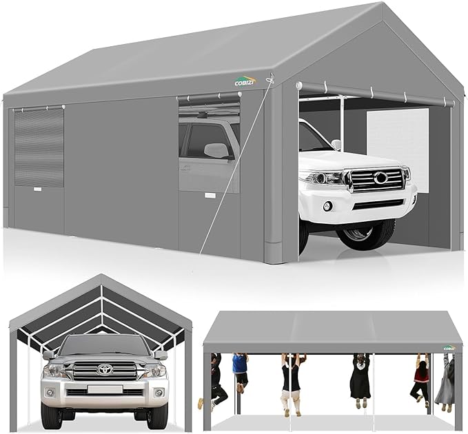 COBIZI 10x20ft Carport Heavy Duty, Portable Garage with Removable Sidewalls, Ventilated Windows & Built-in Sandbags, Waterproof Car Canopy for Truck, Boat with All-Season Tarp, Gray