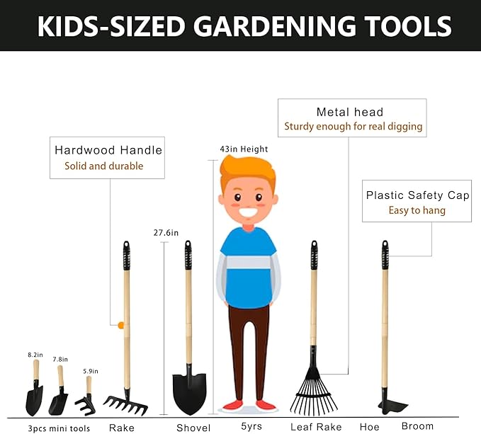 Kids Rake and Shovel Sets, 7PCS Child Metal Gardening Tools for Real Digging-Great for Garden, Yard, Sandbox, Lawn, Camping Play, Outdoor Toys for Ages 2-4, 5-7 Years Old