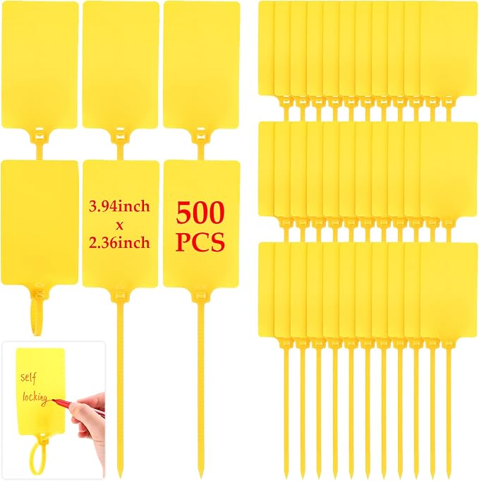 Chunful 500 Pcs Blank Plastic Tags Shipping Tags 3.94"x 2.36" Waterproof Sealing Shipping Labels Bulk Writable Hanging Tag Ties Sealing Strap Reusable Mark Labels for Keys Luggage Logistic(Yellow)