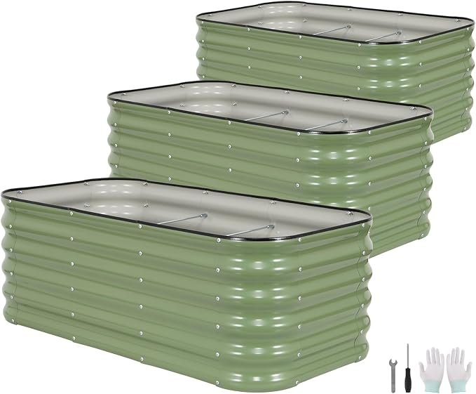 3 Pcs Raised Garden Beds Outdoor, 17" Tall 3-in-1 Modular 4x2ft Galvanized Metal Planter Box with Bracing Rods and Gloves for Vegetables Flowers Herbs, Olive Green