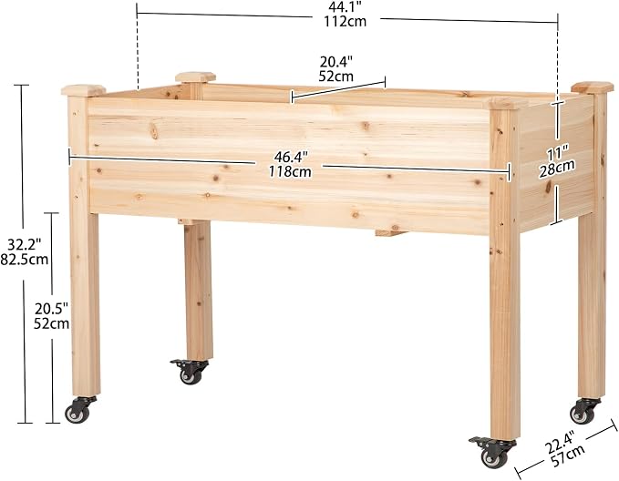 Raised Garden Bed with Lockable Wheels, 48x24x32 inch Elevated Wood Planter with Protective Liner for Vegetable Flower Herb Outdoor Balcony Patio Backyard, Natural