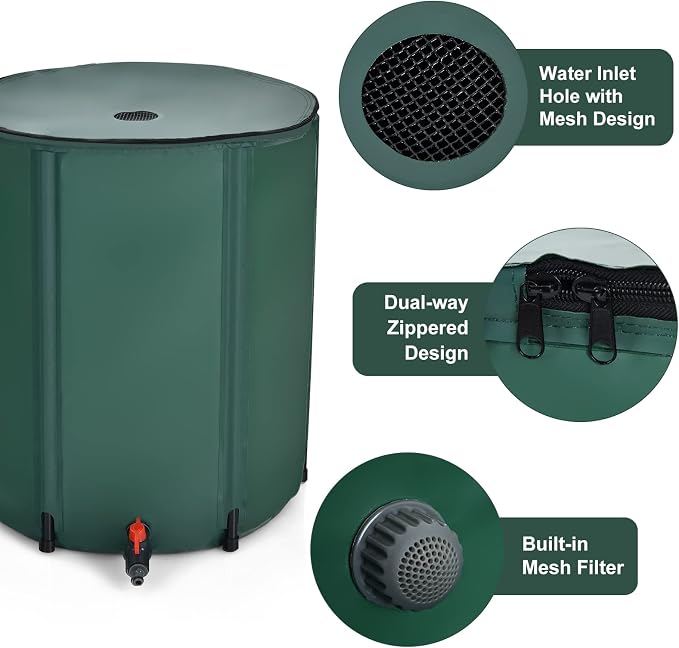 GOFLAME Rain Barrel Water Collector Portable Foldable Collapsible Tank,Spigot Filter Water Storage Container, Green (50 Gallon)