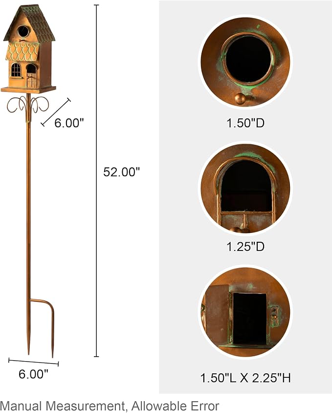 Glitzhome Birdhouses for Outdoors, Decorative Bird Houses for Outside, 53" H Farmhouse Faux Copper 2-Tiered Distressed Metal Bird House Garden Birdhouse with Stake for Outdoor Patio