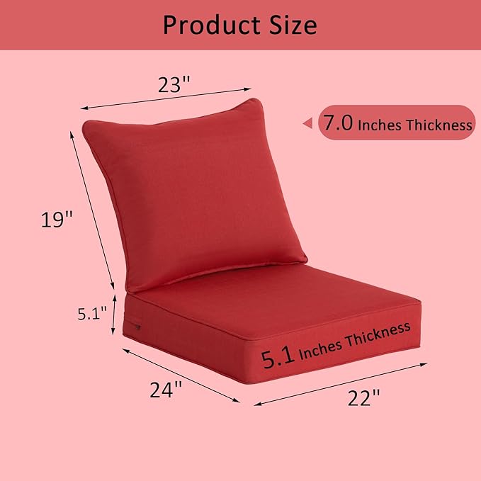 COZYVIDA Outdoor Deep Seat Cushion Set of 2, 22"x24" Seat & 23"x19" Back, Water-Proof Stain-Resistant UV Resistant Weather Resistant, 30D Foam with Recycled Fiber Fill and YKK Zippers,Chili-TPU