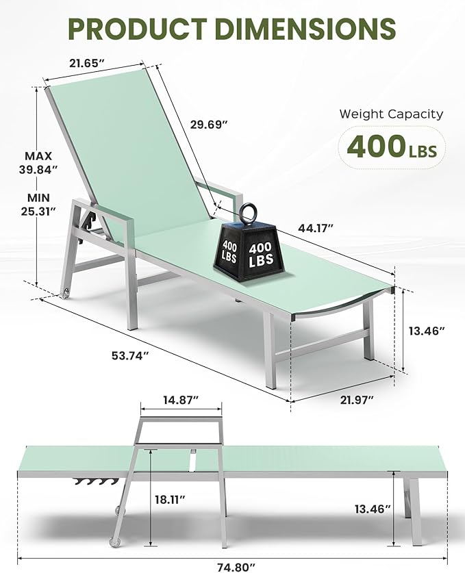 Vexwalx Patio Chaise Lounge Chair Outdoor with Wheels&Armrests, Aluminum Pool Lounge Chairs 5-Position Adjustable Recliner, Outdoor Beach Lounge Chairs for Poolside, Patio, Deck, Yard, Light Green