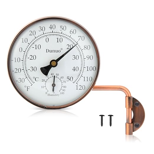 4" Brass Outdoor Thermometer with Humidity, Analog Wall Mount Temperature Gauge, Decorative for Patio, Garage, House, Greenhouse, Window, Antique Bronze, No Battery