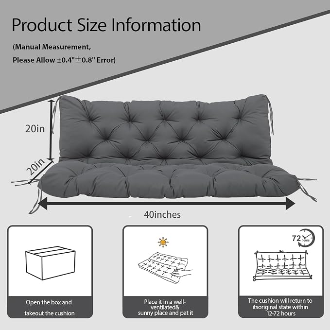 Porch Swing Cushions Outdoor, 5 Inch Thick Waterproof 2-3 Seater Replacement Swing Cushion with Backrest and Anti-Slip Ties, Perfect for Porch, Patio, Garden, Outdoor Bench Furniture, 40×40×5 Inch
