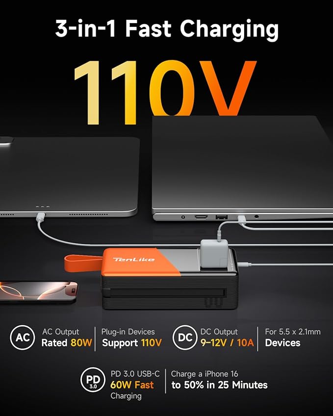 Large Power Bank for Camping Essentials Portable Power Station 99.9Wh Small Electric Generator with 110V 80W Rated 120W Peak AC Plug in Output 60W Type-C Home Backup Outdoor Emergency, Black Orange