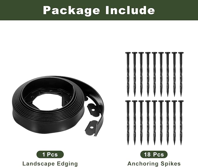 uxcell Landscape Edging, 1Pcs 20FT x 2" - Garden Edging Kit with 18 Stakes, Landscape Edging Border for Garden Lawn Flower Bed Yard Grass (Black)